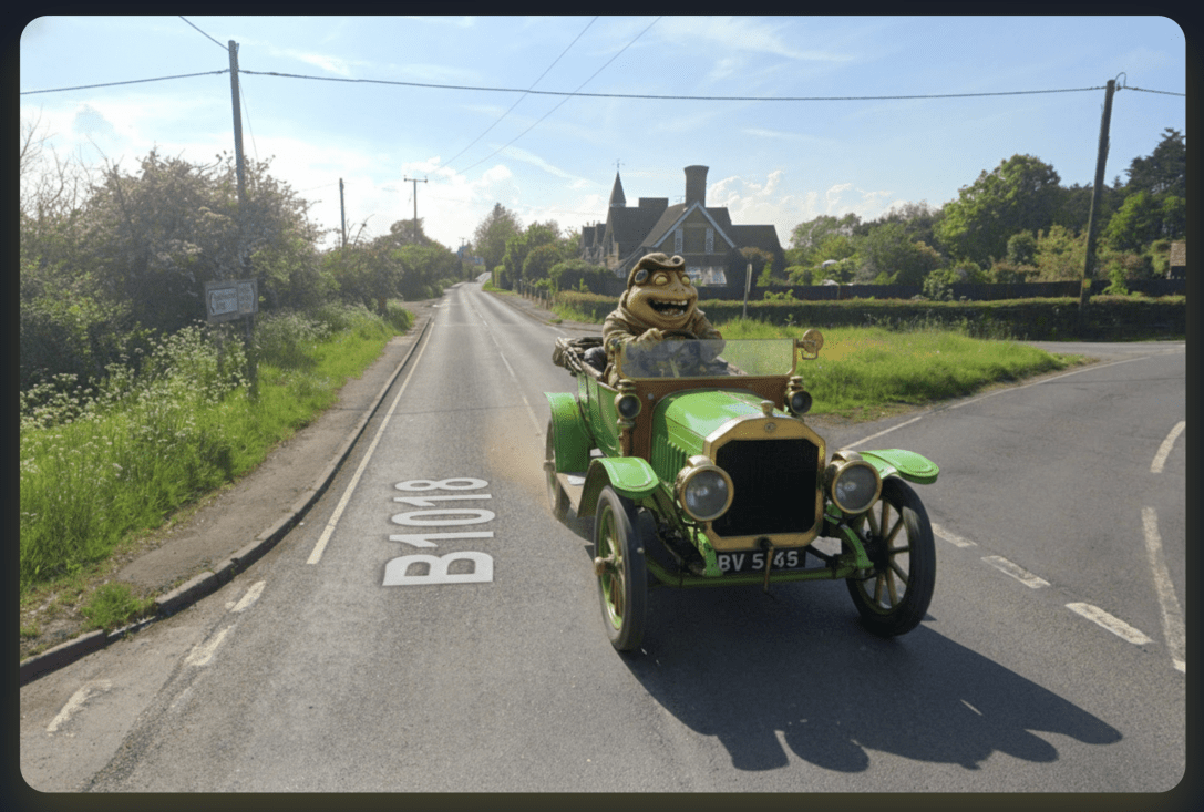 Mr Toad drives his vintage automobile down Southminster Road